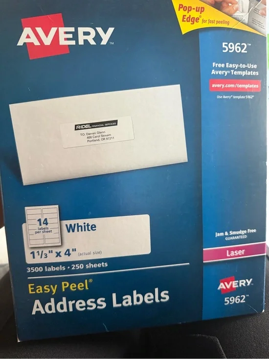 Avery easy peel 86 sheets 5962 white 1 1/3x4”