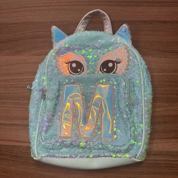 Justice MINI Owl Blue/Green Flip Sequin Initial Shimmer‎ Backpack Initial M