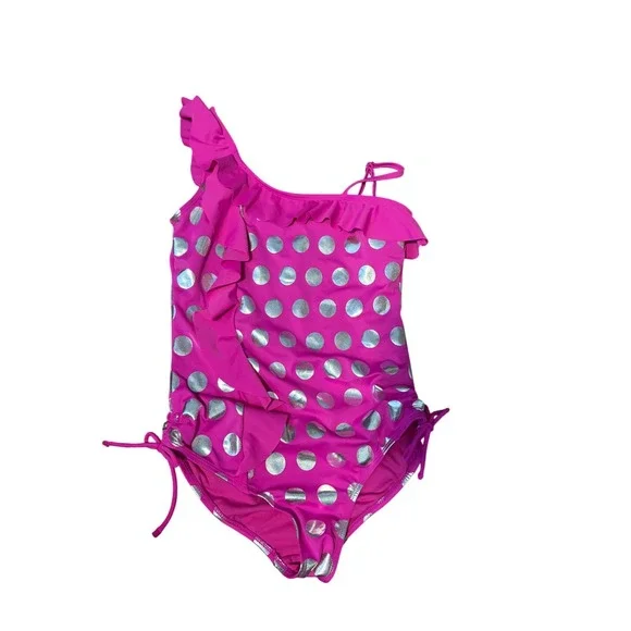 Justice One Piece Swimsuit Kids Size 14 Pink Silver‎ Metallic Polka Dot Ruffle