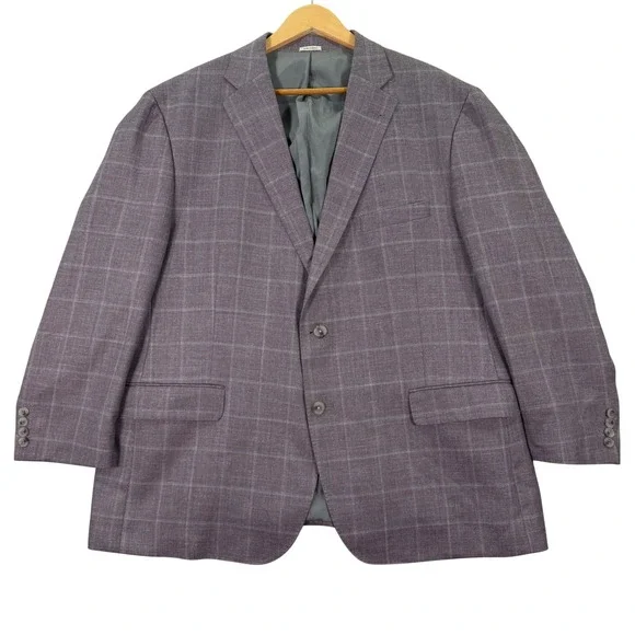 Joseph Abboud Mens 50R Classic Fit Sport Coat Purple Windowpane Wool Silk Linen