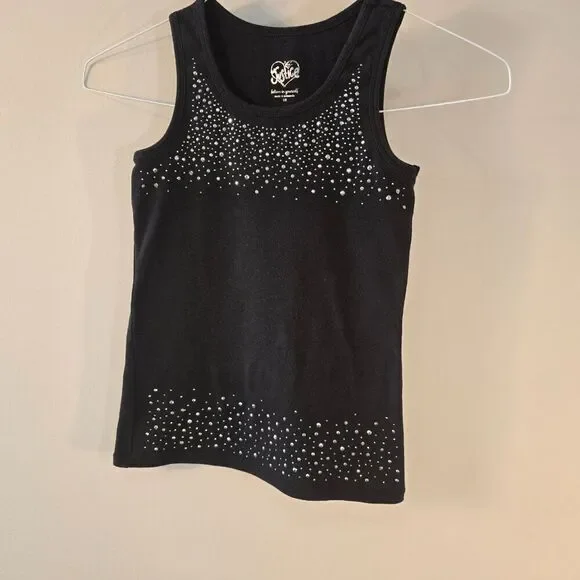 Justice Kids Girls Size 10 Fitted Black Muscle Tank Top Studded Bling Scoop Neck
