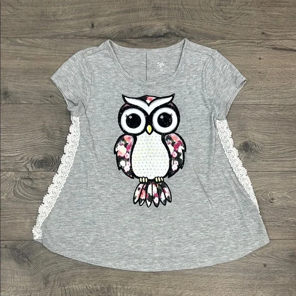 Justice Gray Owl Tee with Floral & Lace Accents