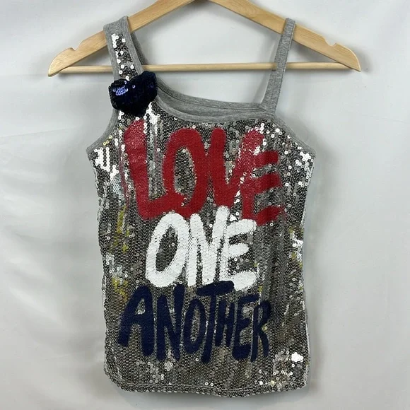 Justice Girls “Love One‎ Another” Sequin Silver Blue Red Tank Shirt Size 12