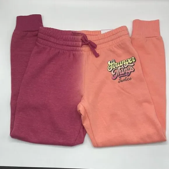 Justice x Stranger Things Girls Ombre Fleece Joggers Sweatpants Pink/Orange Sz S