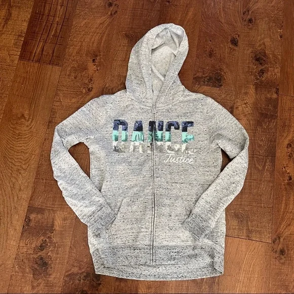 Justice active girl gray hoodie w/ sequin blue silver dance theme Sz 12/14