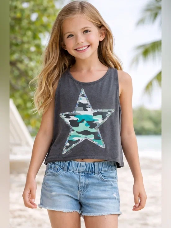 Justice Active Girls Size 10 Sleeveless Tank Top Camo Star Sequin Athletic