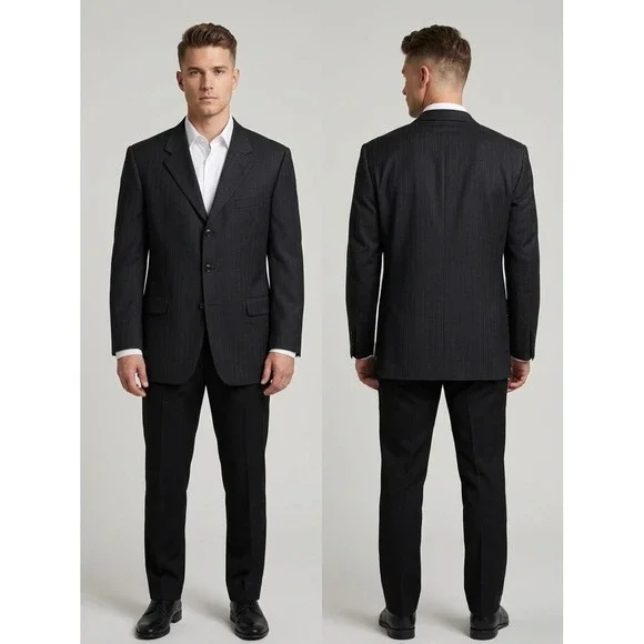 Jones New York Classic Mens 48R Blazer Charcoal Black Pinstripe 100% Wool Jacket