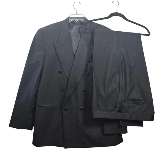 Giannelli Mens Black Double Breasted Tuxedo Suit Wool Blend Size 44L Peak Lapel