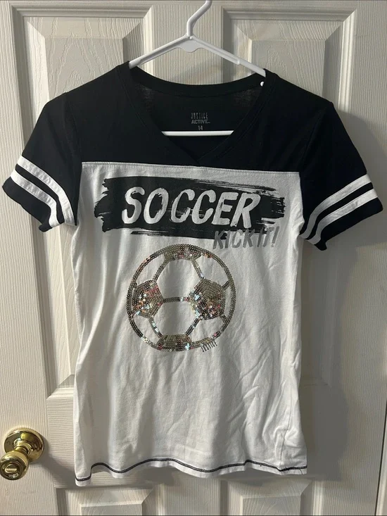 2 Justice Soccer Graphic Tee in White, Blue & Green