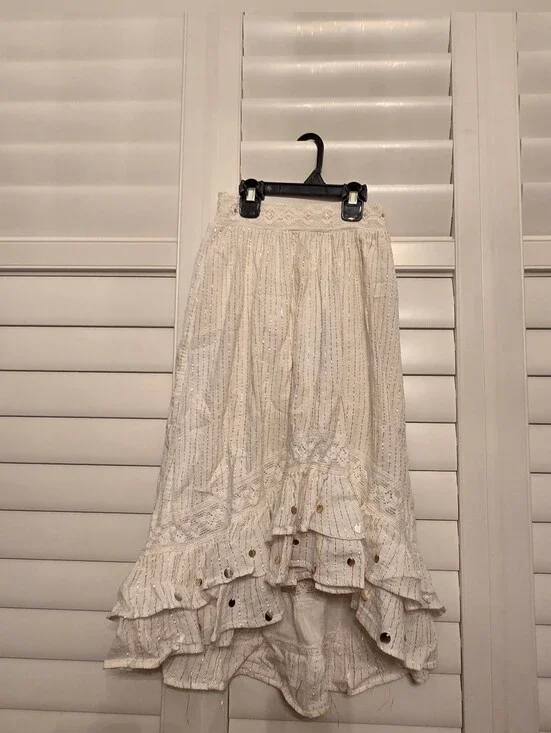 Justice Cream High-Low Tiered Ruffle Skirt with Metallic Thread Size 10