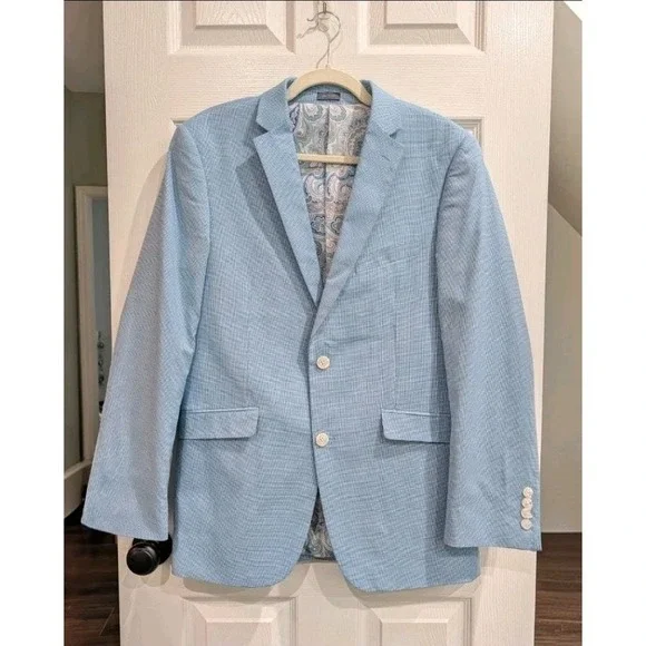 Madison Mens Modern Fit Blue Gingham Suit Jacket 38R Preppy Cotton Summer Lined