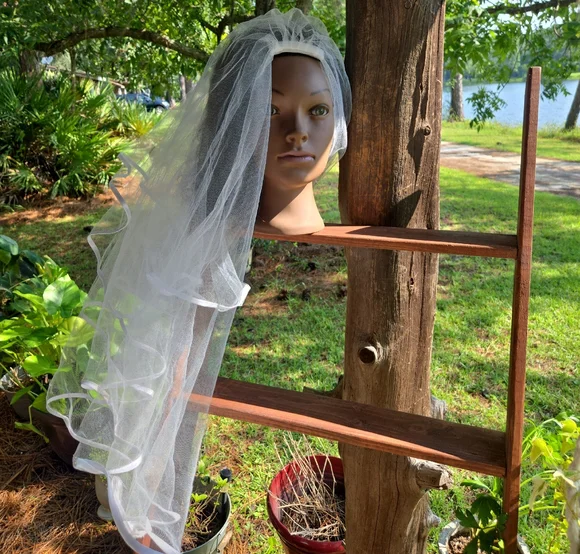 White Mesh Midi Length Veil With Satin Trim
