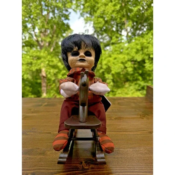 Creepy Animated Rocking Boy Doll Black Hollow Eyes Haunted Halloween Prop