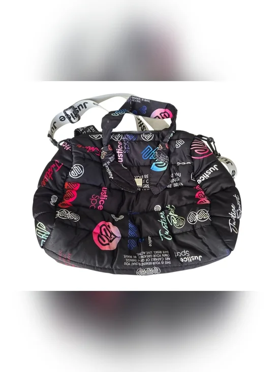 Justice Sport Puffer Shoulder Bag Black Multicolor Logo | Y2K Trendy Crossbody T