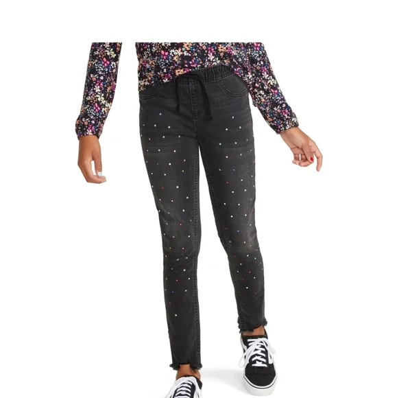 Justice Black Denim Jeggins Soft & Comfy Multi Colored‎ Beads Sz 14 Youth Nwt