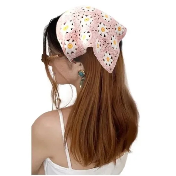 Crochet Triangle Flower Headscarf Bandana in Pink, White & Yellow