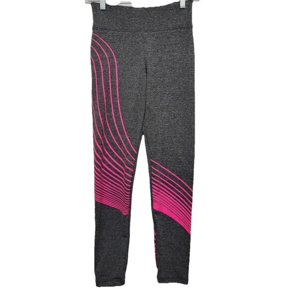 Justice Girls Leggings Size 14 Gray Pink Striped Athletic Stretch Activewear