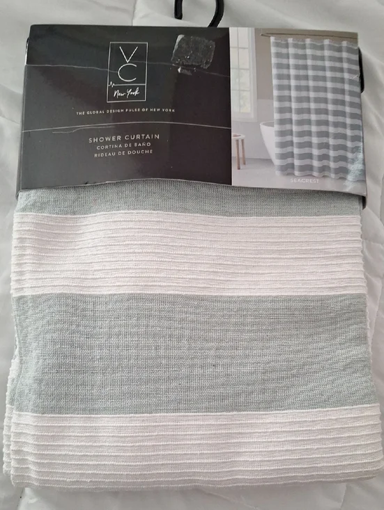 VC New York Seacrest Sage Green and White Striped Shower Curtain