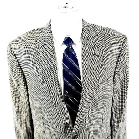 Hickey Freeman Silk Worsted Wool 2 Button Sport Coat 42L Blue Tan Houndstooth W/