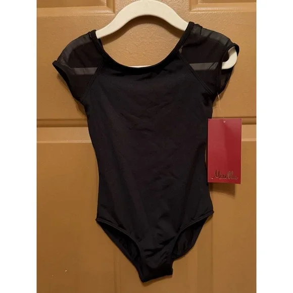 Girls Mirella Black Mesh Cap Sleeve Ballet / Dance Leotard Size 4/6 NWT