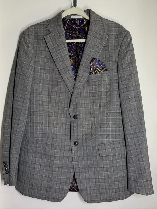Tallia Gray Windowpane Men's Blazer with Paisley Lining