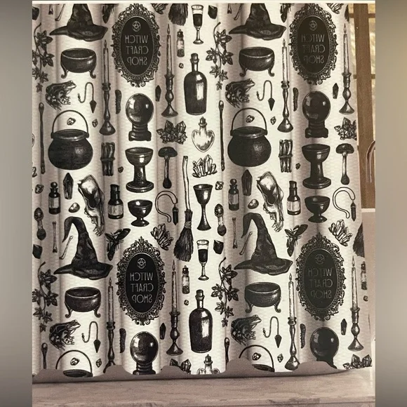 Spooky Lane Goth HalloweenThemed Black and White Shower Curtain, NWT