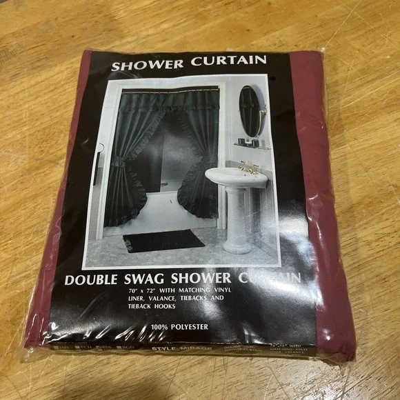 Vtg Maroon Red Double Swag Shower Curtain Set NOS 80s 90s Cottagecore Tieback‎