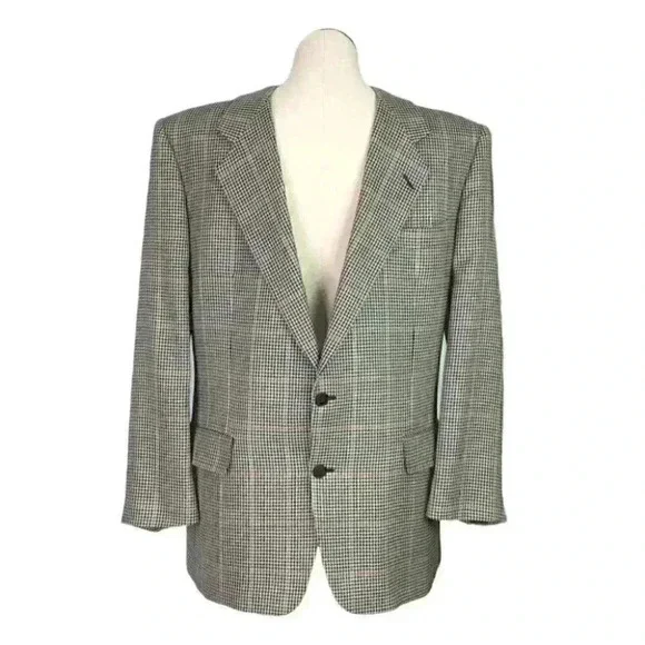 Gieves & Hawkes Men 43 R Houndstooth 2 Button Bespoke Blazer Silk Wool Black Tan