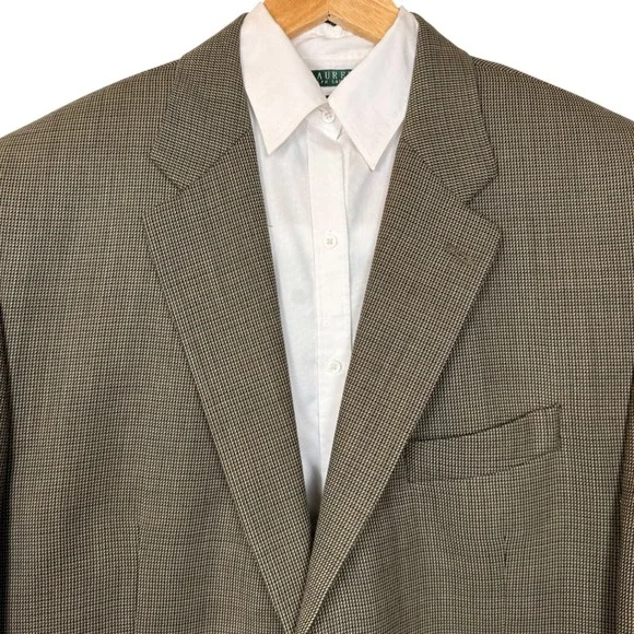 Vtg Lauren Ralph Lauren 100% Wool Houndstooth Sport Coat 48R Tan Made in Canada