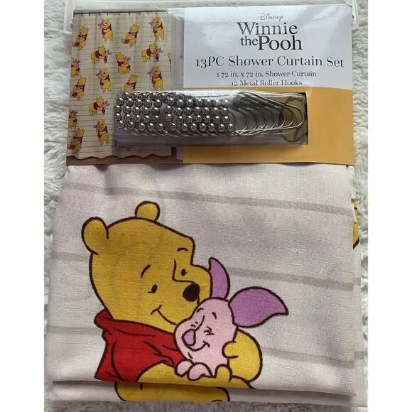 13 Piece Winnie‎ the Pooh Piglet Fabric Shower Curtain Set And Metal Hooks NEW
