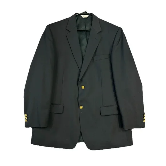 Mens Navy Wool Blazer Gold Crest Buttons 43R Joseph & Feiss 2 Btn Sport Coat