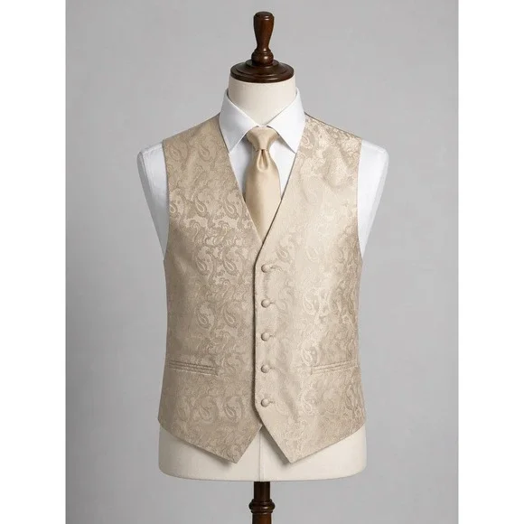 Paisley Jacquard Men's Formal Waistcoat Vest Champagne Ivory Old Money Academia