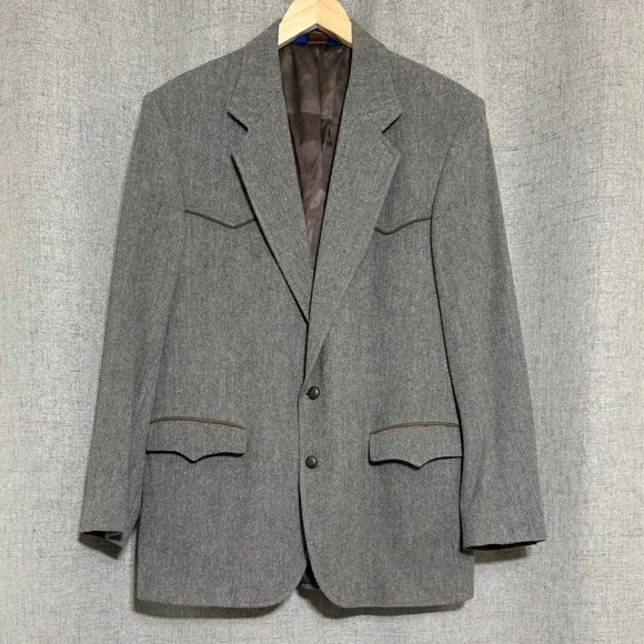 Pendleton Mens 44 Long Grey Herringbone Wool Western Blazer Elbow Patches Jacket