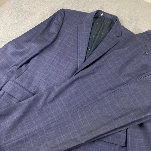 Joseph Abboud 44L/35R Suit Blue Windowpane Reda Super 130s Wool Union USA Made