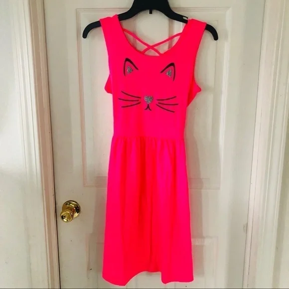 NWOT justice neon pink glitter cat kitty maxi sleeveless dress Size 18 / 20