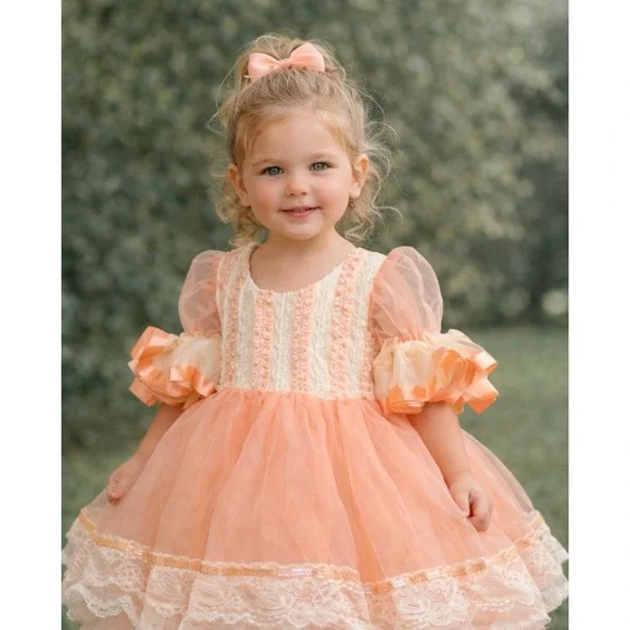 Dansco‎ Kids Peach Cream Lace Sequin Tutu Ballerina Leotard Dress Vintage SC