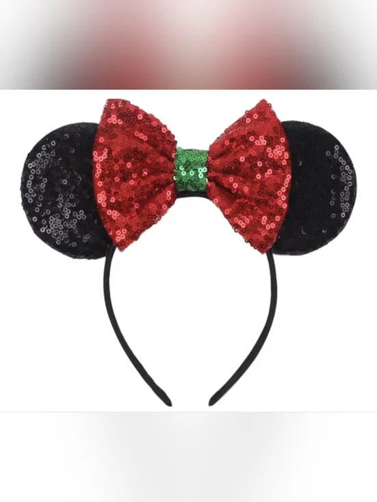 🦋 New Sequin Minnie Ear Headband with Red Bow and Green Center