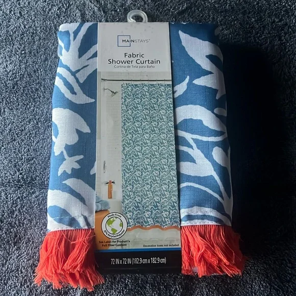 Mainstays Woodcut Floral Blue/White W)Orange Fringe Fabric Shower Curtain 72x72