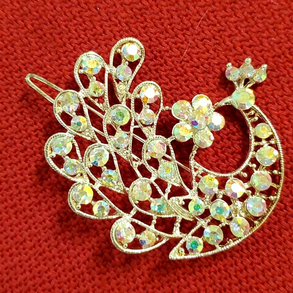 Peacock hair barrette gold tone Aurora Borealis rhinestones prom bridesmaid