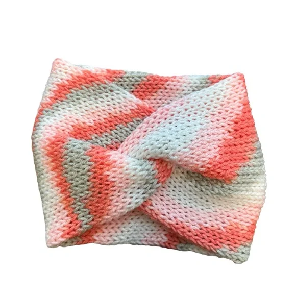 Handmade Twisted Ear Warmer | Coral & Sage Knit Headband | Stretchy Size S/M/L