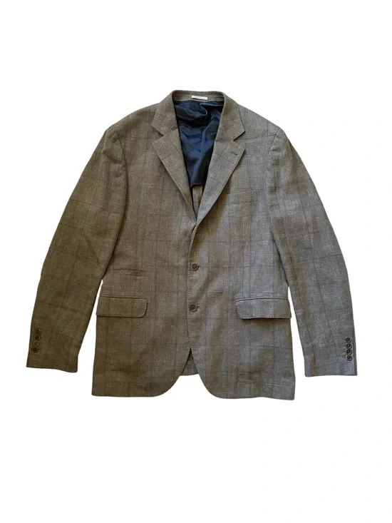 Brunello Cucinelli Linen Wool Silk Gray Windowpane Plaid Blazer Sport Coat IT 54