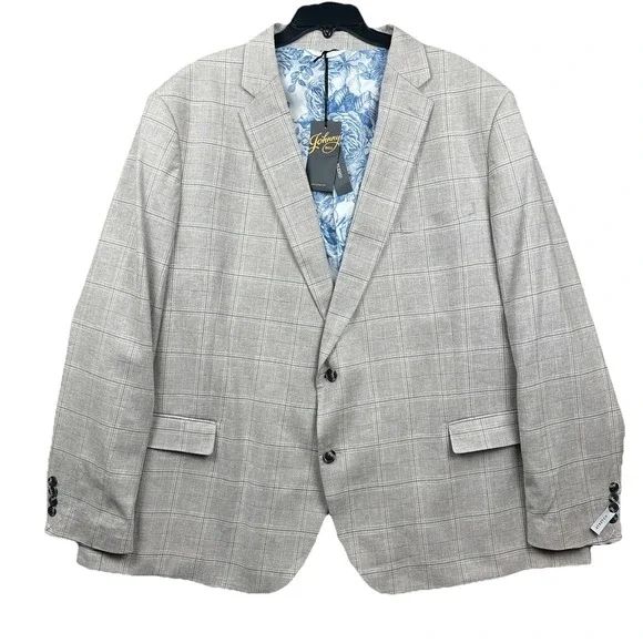 Johnny Bigg Sport Blazer Men's 58R Linen Beige Windowpane Lined Big Tall NWT