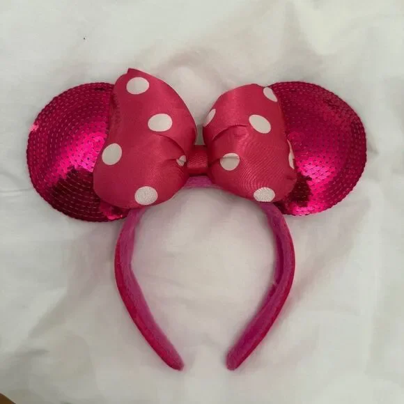 Disney Parks Minnie Mouse Ears Pink Sequin Headband Padded Polka dot Bow Bright