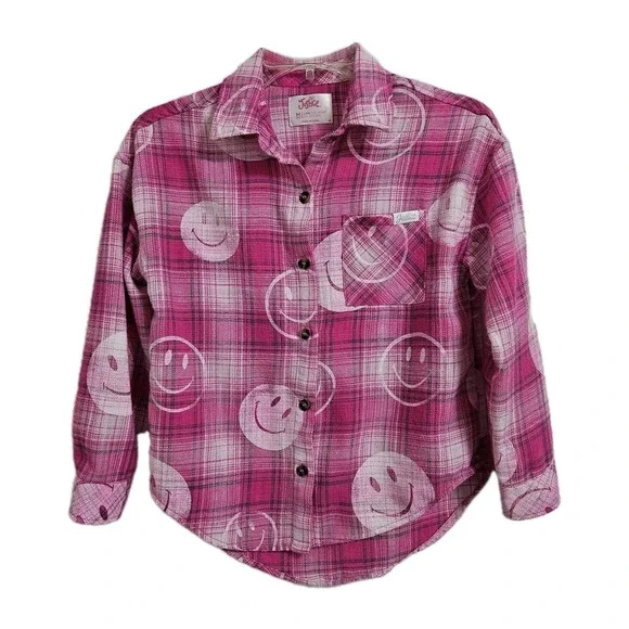 Y2K Justice Flannel Shirt Girls Size 10 Pink Plaid Smiley Face Button Down Retro