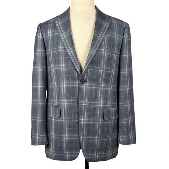 Joseph Abboud Loro Piana Super 110s Blazer Mens 40R Blue Gray Plaid Wool USA