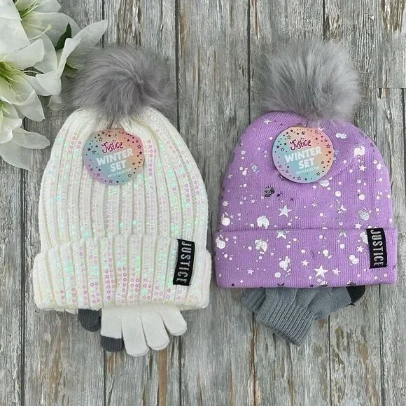 Girls Justice Ribbed & Full Print Winter Cozy Beanie and Gloves 2, 2-Piece Sets