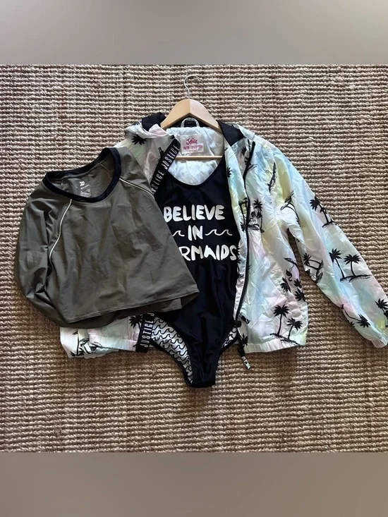 Justice Girls 3 Piece Swim Lot : Windbreaker Jacket Black Swimsuit & Swim Top XL