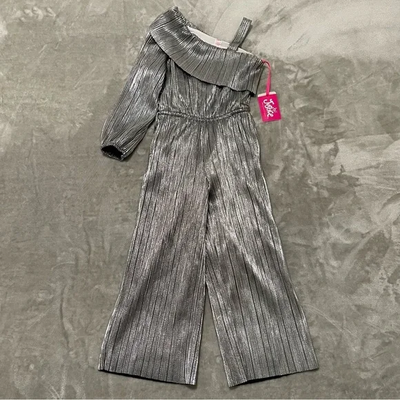NWT Justice Silver Metallic One Shoulder Ruffle Jumpsuit Girls Size XS 5/6 Fancy