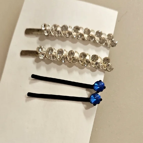 Set Of 4 Blue And Clear Rhinestone hair pins Special Occasion Bun Braid Prom