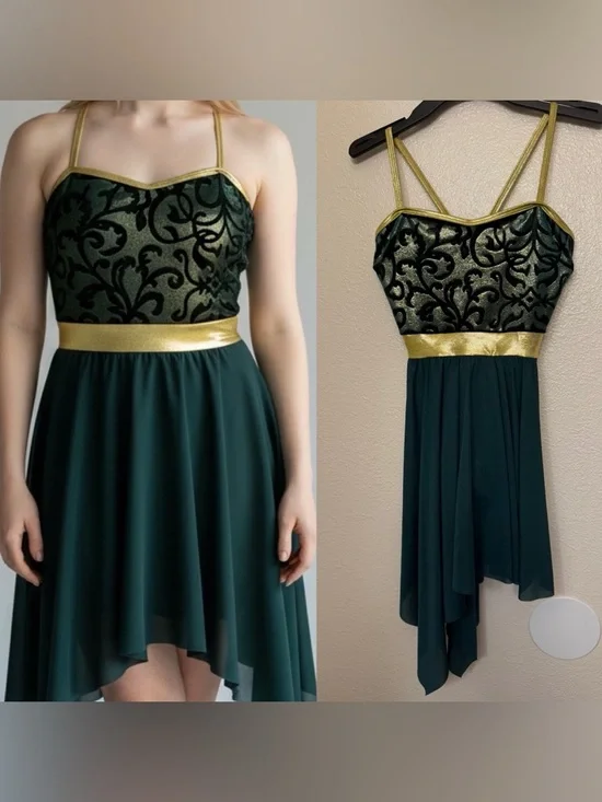 A Wish Come True green velvet burnout damask Dance costume dress SA/MA adult